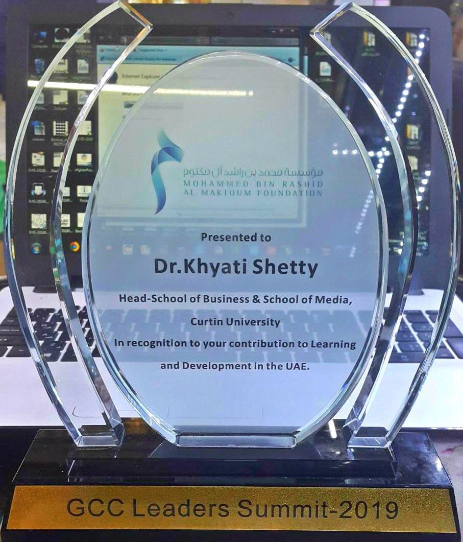 Dr Khyati Shetty, Head of School- Business &amp; Arts, wins the prestigious Mohammed Bin Rashid Al Maktoum Foundation Award in recognition to her contribution to Learning &amp; Development in the UAE for training over 300 Emirati Women in the past 8 years at 7 leading organizations.