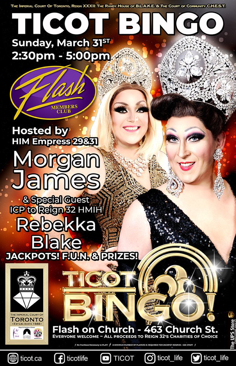 ticot_life's tweet photo. Join us this Sunday at 463 Church Street Toronto. For our monthly fundraising Bingo hosted by @morganjames01 and guest host Imperial Crown Princess Rebekka Blake. 2:30-5pm #ticot #ticotlife #theimperialcourtoftoronto https://t.co/QXHPEvs4J2