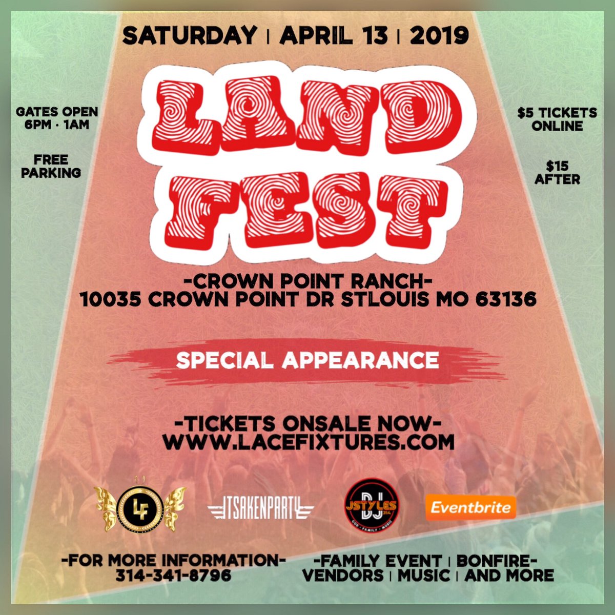 KENTHATHOST's tweet photo. #LandFestMo #LandFestMISSOURI
Saturday APRIL 13TH 2019

-Crown Point Ranch-
10035 Crown Point Dr Stlouis Mo 63136

Family Event + Bonfires + Vendors + Entertainment + More

#LaceFixtureEnt #ItsakenpartyTM #2Turnt2Lit #Missouri #Stlouis #StlouisMissouri https://t.co/pVf6JI6IMT