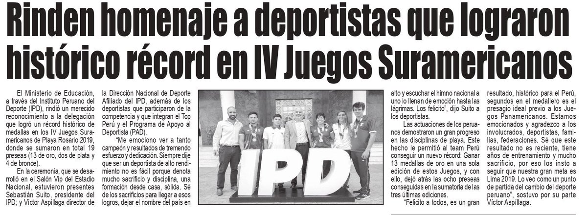 ipdperu's tweet photo. Gracias a los diarios Expreso, Exitosa, Del Callao y Del País, por la publicación impresa del reconocimiento realizado a nuestros medallistas en #Rosario2019 🇵🇪🤩🎖. #PerúPaísDeGanadores https://t.co/sX7mko3sWq