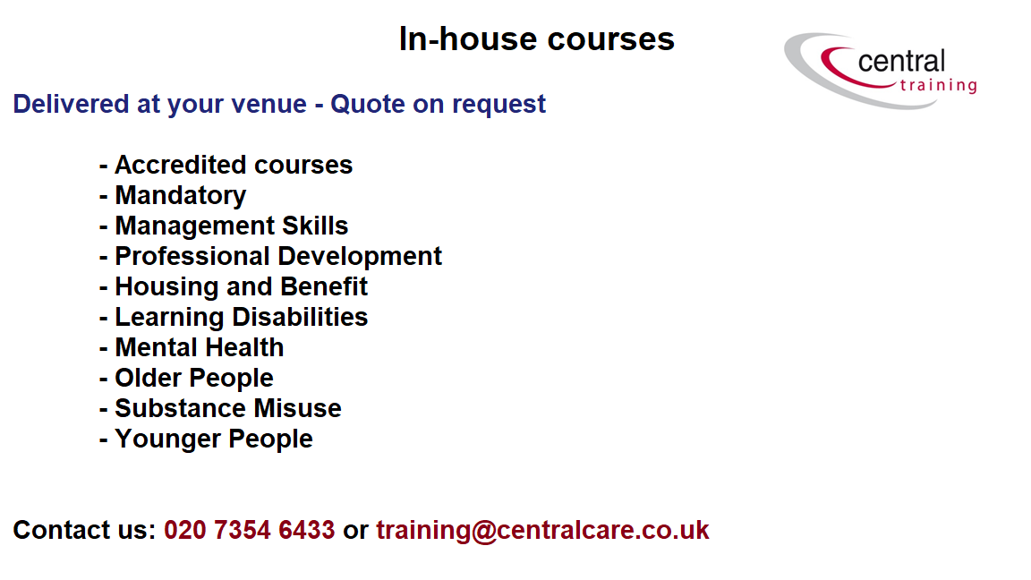 CentralCare's tweet image. 👍IN HOUSE TRAINING : we deliver over 180 course titles to over 200 customers. These courses can be tailored to fit your organisation's needs, policies &amp;amp; procedures. Get in touch for your quote today. #inhousetraining #traininginlondon #socialcare #charity