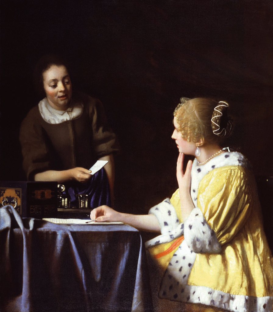 If one looks at the image longer, one sees the mistress as she looks at the sealed love letter, hinting that she has a relationship with someone who is perhaps a great distance away... Mistress and Maid by Johannes Vermeer 1666/1667🏛 <a href="/frickcollection/">The Frick Collection</a>