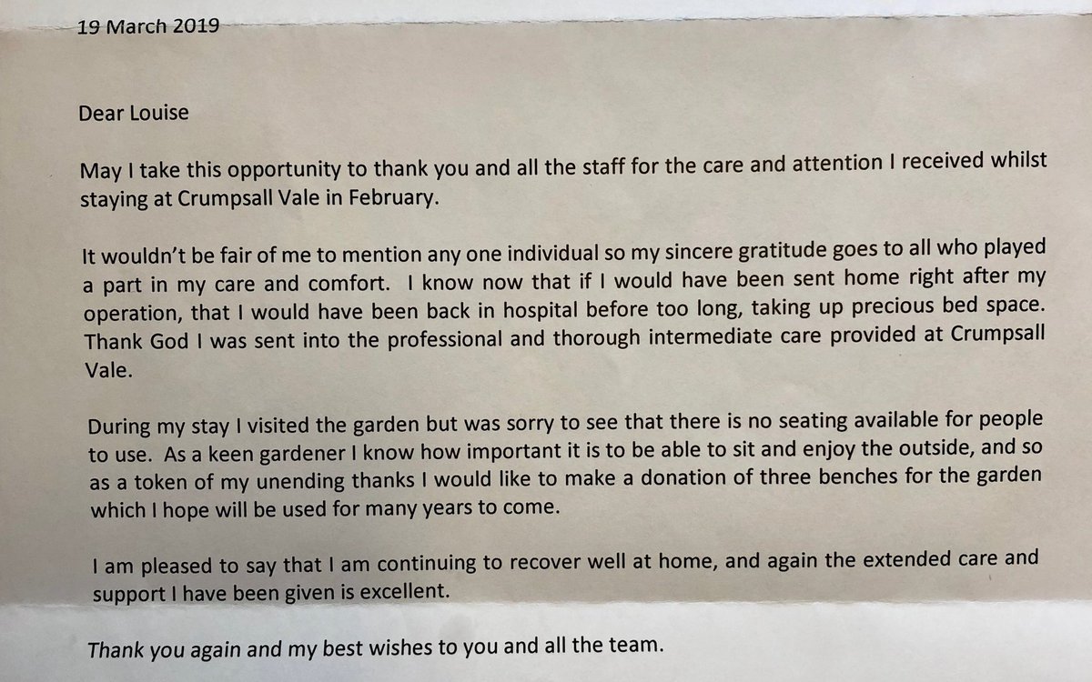 Fantastic teamwork. So proud to manage this wonderful unit - thank you to this grateful patient 🏩🌸🌿#crumpsallvale #intermediatecare #rehabilitation @mcrlco @EmmaSFlynn @CarolK_MCRNorth @Michelleproudma