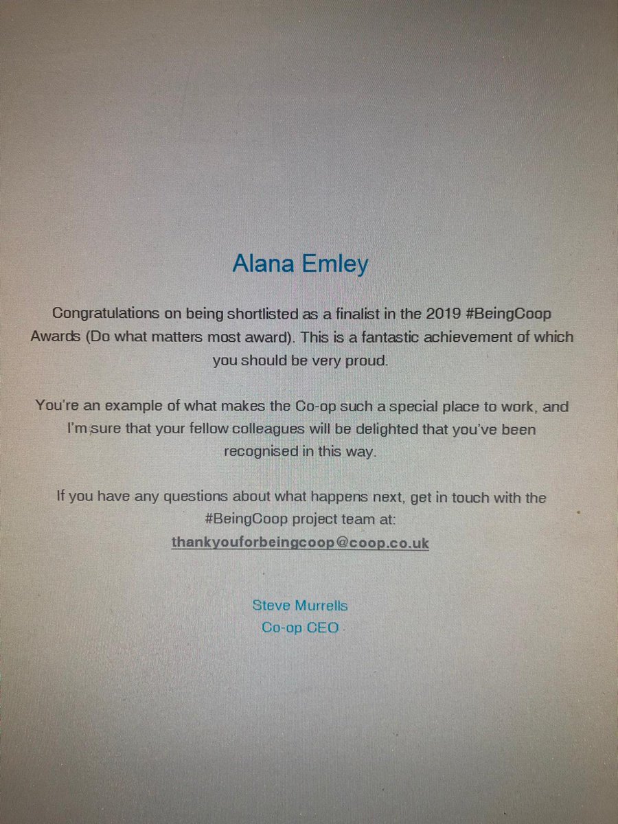 Poody1976's tweet photo. Another superstar nominated! Alana Emley a finalist for #BeingCoopAwards 2019 in Do What Matters Most category. Well Done! @MacLennanNic @AlanaEmley https://t.co/9v6mPVSpiV