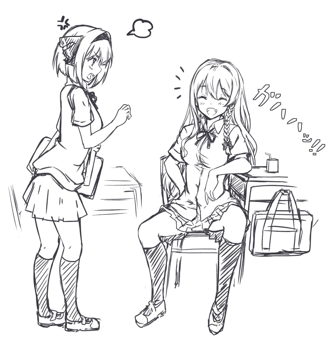 天城 らくがき れんしう絵描きました 大股開きで談笑する魔理沙と それを注意 脚を開かないっ する風紀委員妖夢ちゃそ みたいな絵です T Co Fzea2vik6u Twitter