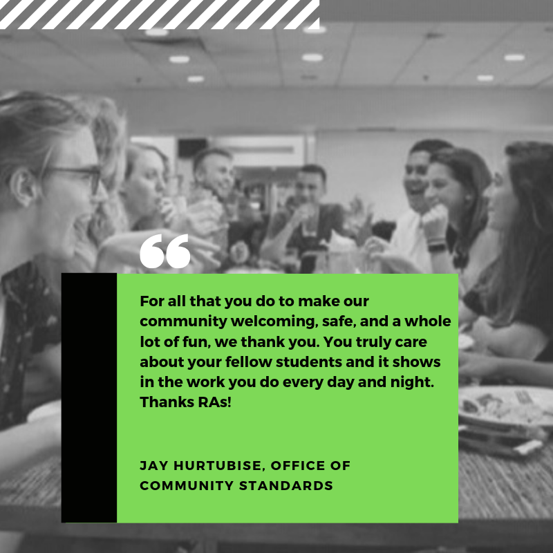 ResLifeFSU's tweet image. Jay from the Office of Community Standards saying thanks to our RAs!