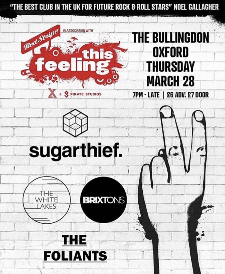 Can’t wait until @TruckFestival? @This_Feeling is bringing the excellent @sugarthiefuk to the club’s launch night at @TheBullingdon Oxford tomorrow! Joining them are @thefoliants @TheWhiteLakes and @brixtonsmusic who all feature on This Feeling’s #BestNewBands playlist 💥