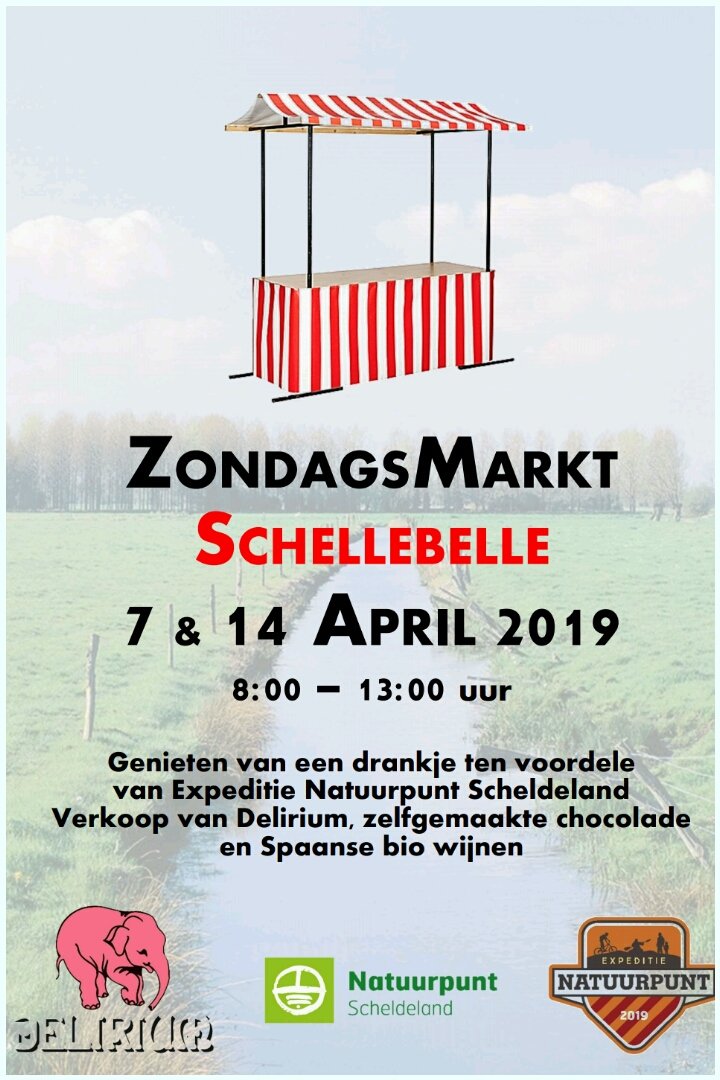 2019Expeditie's tweet photo. Kom en steun ons team tijdens de ZondagsMarkt op het dorp te Schellebelle. Verkoop van Spaanse bio wijn, Delirium Tremens, chocolade en fermdrinks limonade. #schellebelle #wichelen #serskamp #berlare #overmere #kalken #laarne #wetteren #kalkensemeersen #natuurpuntscheldeland https://t.co/SNfOwsK5E6