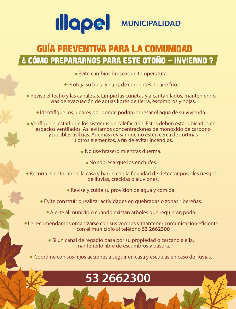 MUNI_ILLAPEL's tweet photo. Revisa los siguientes consejos para este Otoño - Invierno 2019 🍁🍂🌦🌧 https://t.co/XKgsh4dLKK