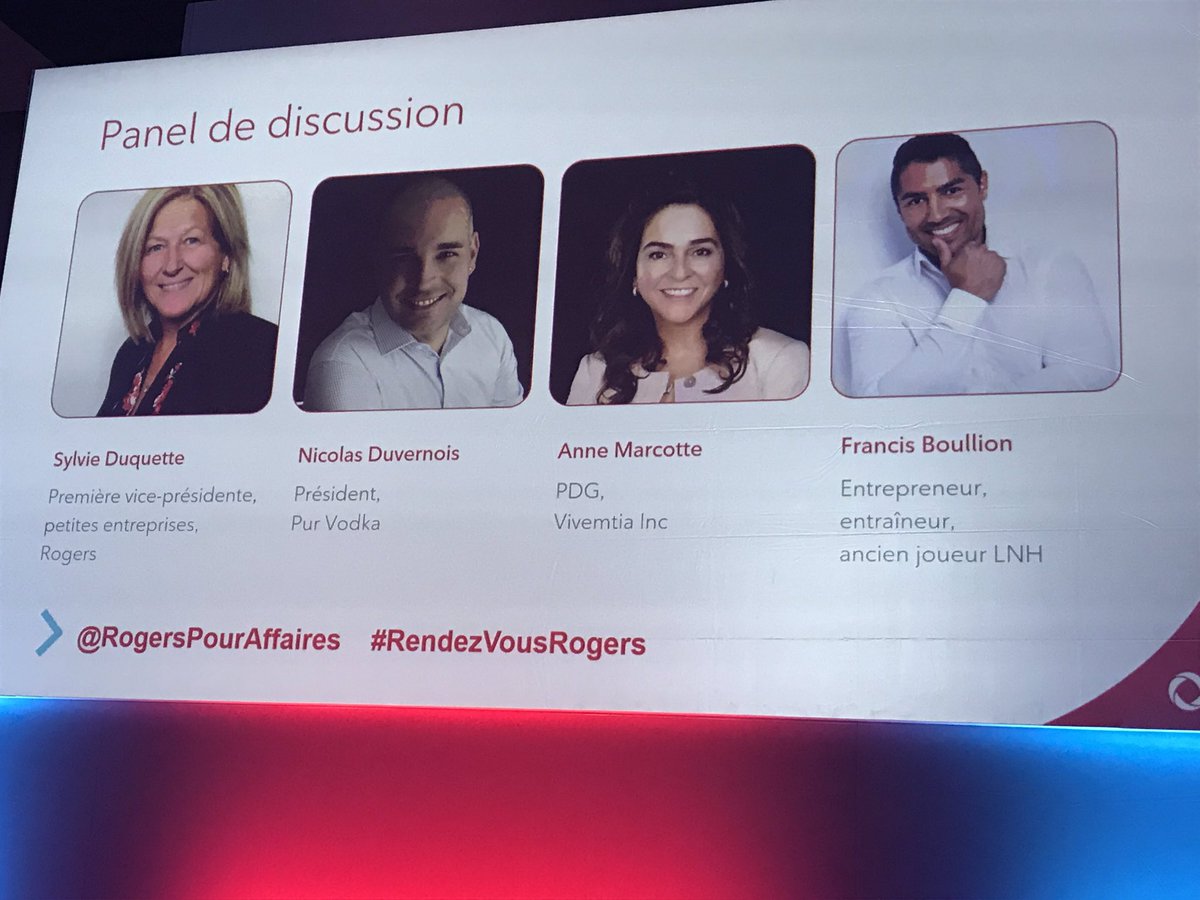 Sylvie Duquette, première vice-présidente, petites entreprises @RogersServicesAffaires, discute avec Anne Marcotte, Francis Bouillon et Nicolas Duvernois de leur succès en tant qu’entrepreneurs et de l’importance de la techno dans leur vie #RendezVousRogers