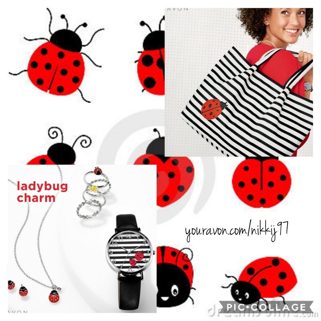 The Lucky Lady Collection  Choose from necklace set, rings, watch, canvas tote, and Cushion walk sneaker.  #luckyladycollection #thelovebug #cushionwalk🐞 #ladybug🐞 #avonproductspeja #avonspring2019