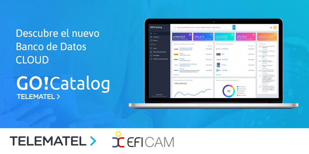 telematel's tweet photo. Si eres #fabricante y estás por @Eficam, pásate por el stand C26 para descubrir el nuevo Banco de Datos Cloud #GoCatalog ¡No te lo pierdas! #Eficam2019 https://t.co/4JylOoeN2C