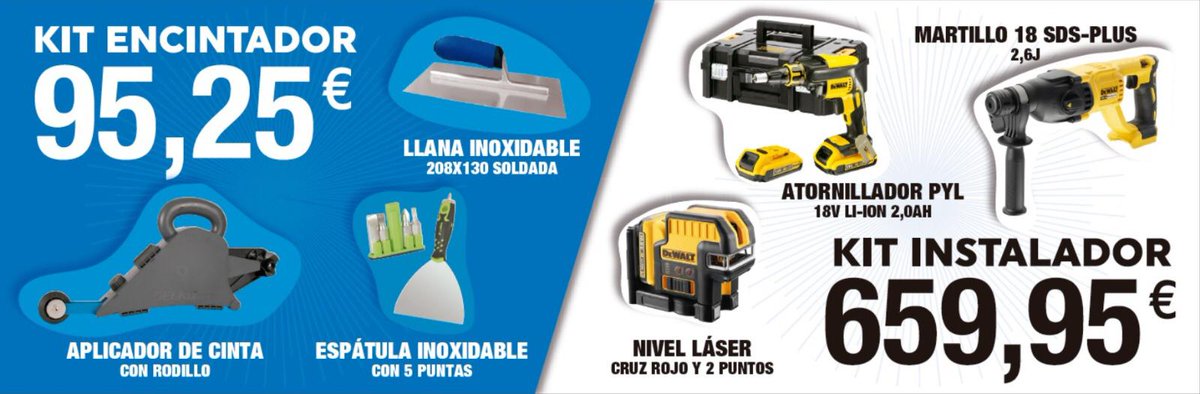 PylRelux's tweet photo. Ya os podemos mostrar los productos que formarán parte de la nueva promoción del mes de Abril!
Serán el Kit del Encintador de Valles y el Kit del instalador de Dewalt
Para más información no dude en llamar o preguntarnos por redes sociales
#ReluxPYL #promocion #abril #sevilla https://t.co/8aEfmeqtoJ