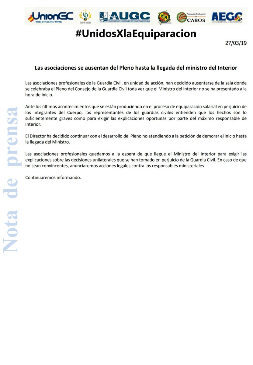 ASESGC's tweet photo. #ÚLTIMAHORA Las asociaciones se ausentan del Pleno @guardiacivil hasta la llegada del ministro @interiorgob

Continuaremos informando. https://t.co/yM9A1WfAWO