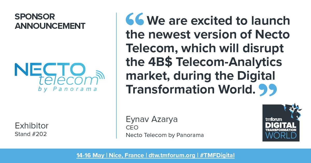 Meet Necto Telecom by <a href="/PanoramaSW/">Panorama Software</a>, one of the world-leading data #analytics solution specifically developed for #communications and media service providers. Meet them at stand 202 at Digital Transformation World 2019! ow.ly/bEOB50oaDz2 #CSPs #Telecoms #TMFDigital