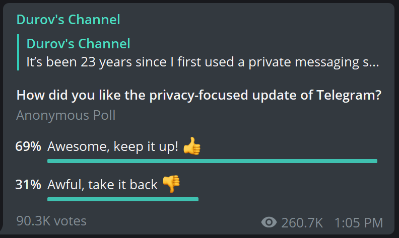 Bab0urian's tweet image. The moment I read the update note, I was so excited and grateful about this new system, Why do that 31% of users want to put their privacy in danger? Look at it both sided people, Telegram did the best for us. @durov @telegram #telegramupdate