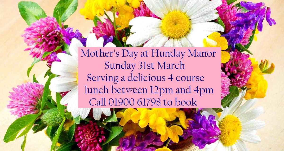 Our very special Mother's Day 4 course lunch this Sunday tables still available so please call 01900 61798 or email info@hundaymanorhotel.co.uk to book.

View the menu here hundaymanorhotel.co.uk/functions-even…

#westcumbria #workington #mothersday