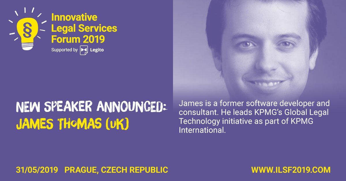 Jsem rád, že pozvání na #ILSF2019 přijal kolega z londýnské kanceláře KPMG <a href="/LegalTechThomas/">James Thomas</a>. Zúčastní se panelu o právu a technologiích. ilsf2019.com