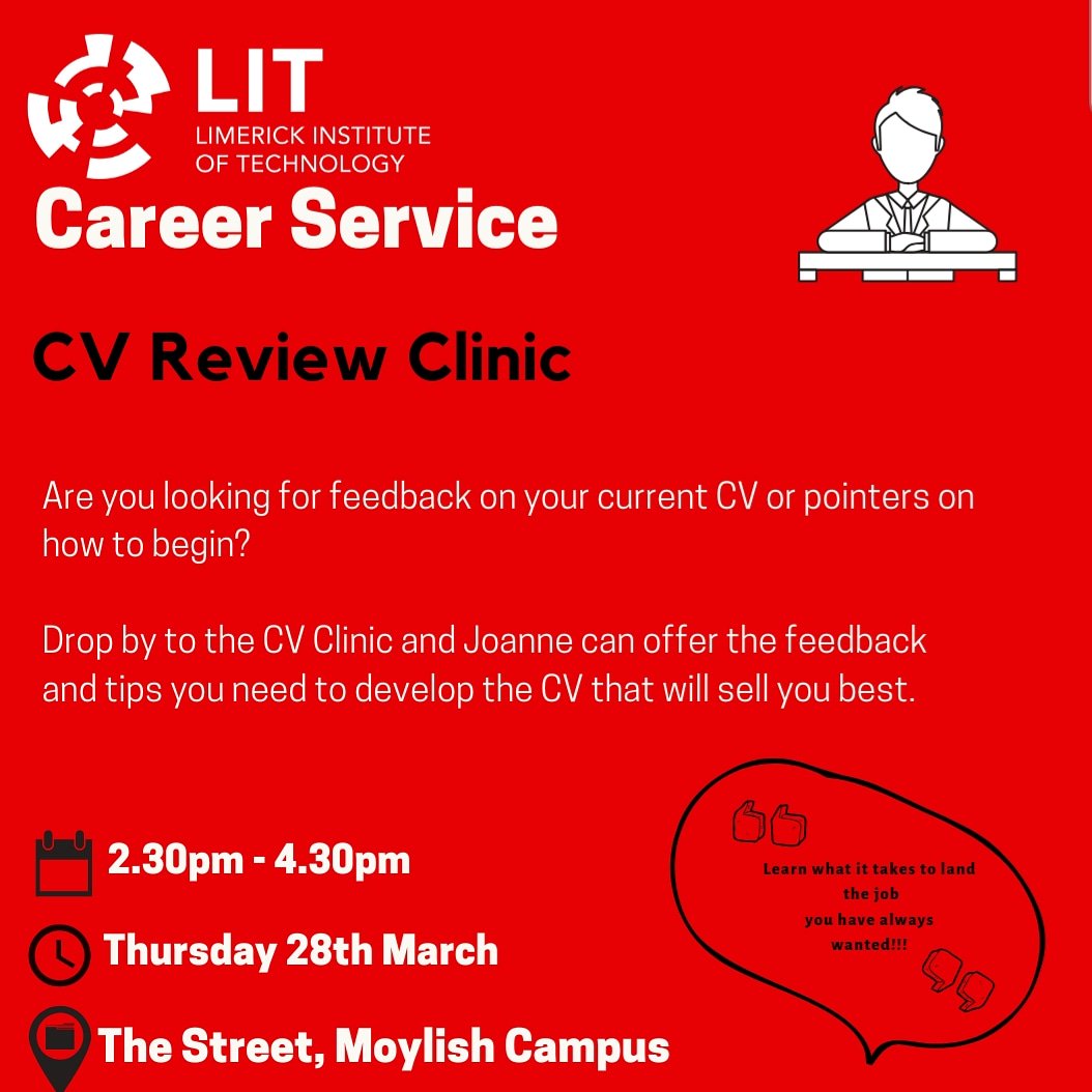 TUSMWCareers's tweet photo. Tomorrow: CV Review Clinic on “The Street” from 2.30pm – 4.30pm 
#Students #CVPrep @LITCareers https://t.co/5BnpP6bqbi