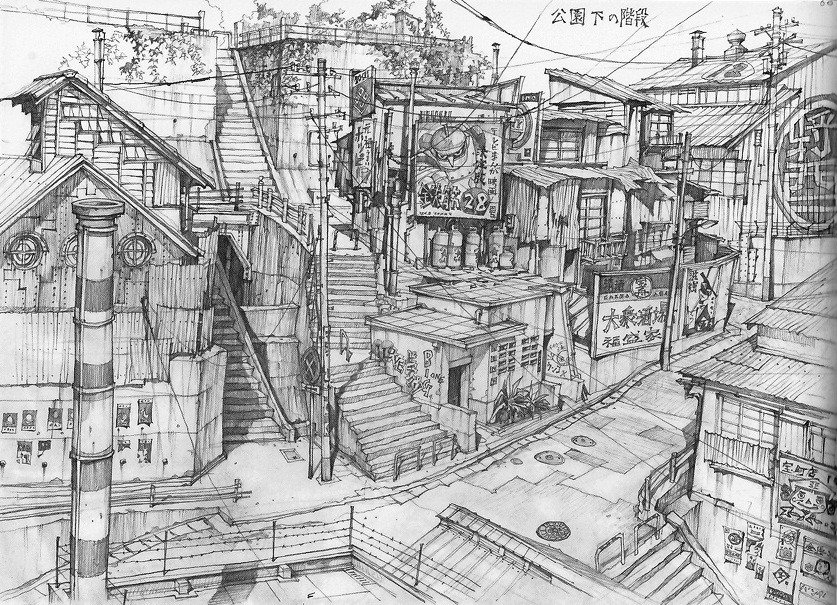 Background layouts from TekkonKinkreet by Shinji Kimura (2006, Studio 4°C) : 