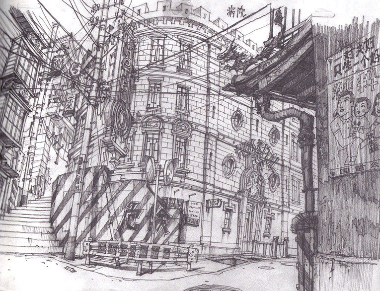 Background layouts from TekkonKinkreet by Shinji Kimura (2006, Studio 4°C) : 