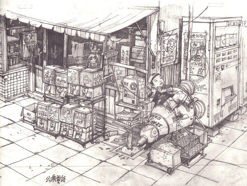 Background layouts from TekkonKinkreet by Shinji Kimura (2006, Studio 4°C) : 