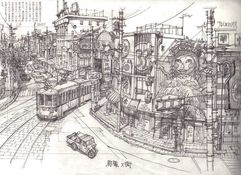 Background layouts from TekkonKinkreet by Shinji Kimura (2006, Studio 4°C) : 