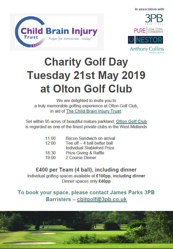 The Child Brain Injury Trust Charity Golf Day is taking place on Tuesday 21st May at Olton Golf Club. Please contact cbitgolf@3pb.co.uk to book your team today! #CBITGolfDay2019 #CharityGolfDay 🏌️‍♂️⛳️