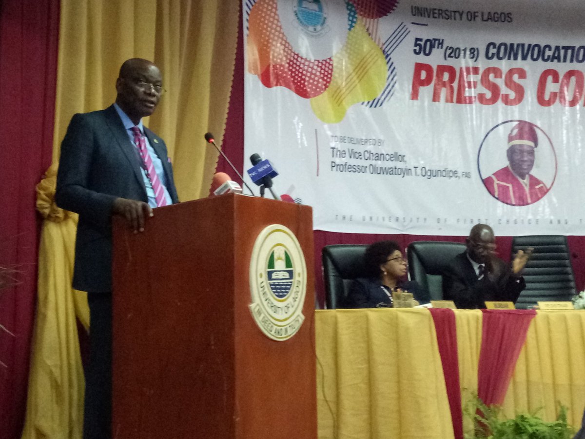 UnilagNigeria's tweet photo. #PictureSpeaks The Vice Chancellor, Prof. Oluwatoyin T Ogundipe, as he addressed the gathering.

Remember, you can watch the #Video/#LiveStreem of the Press Conference at your convenience, just click here to watch https://t.co/7mR01fuTZh

#Unilag2018Convocation
#UnilagNigeria https://t.co/zvWEJXnGaA