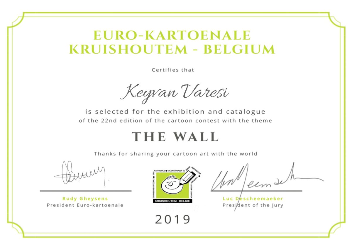 keyvanvaresi's tweet photo. 22nd Euro-kartoenale Kruishoutem
Belgium
selected for the exhibition and catalogue
#keyvanvaresi #cartoon #EurokartoenaleTheWall #cartooncontestTheWall #Eurokartoenale2019
#Ididparticipate #Iamselected https://t.co/CQxEuu1AWN