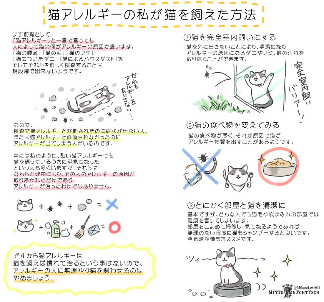 ミカサにゃんの飼い主 猫アレルギーなのに猫を飼ったという前回の投稿でアレルギーの質問があったので急いで描きました 自分に合った原因と対処法が分かれば猫アレルギーでも猫が飼えますし 猫を拾った当時 高熱で目が腫れて開かず声も出ないほどだった