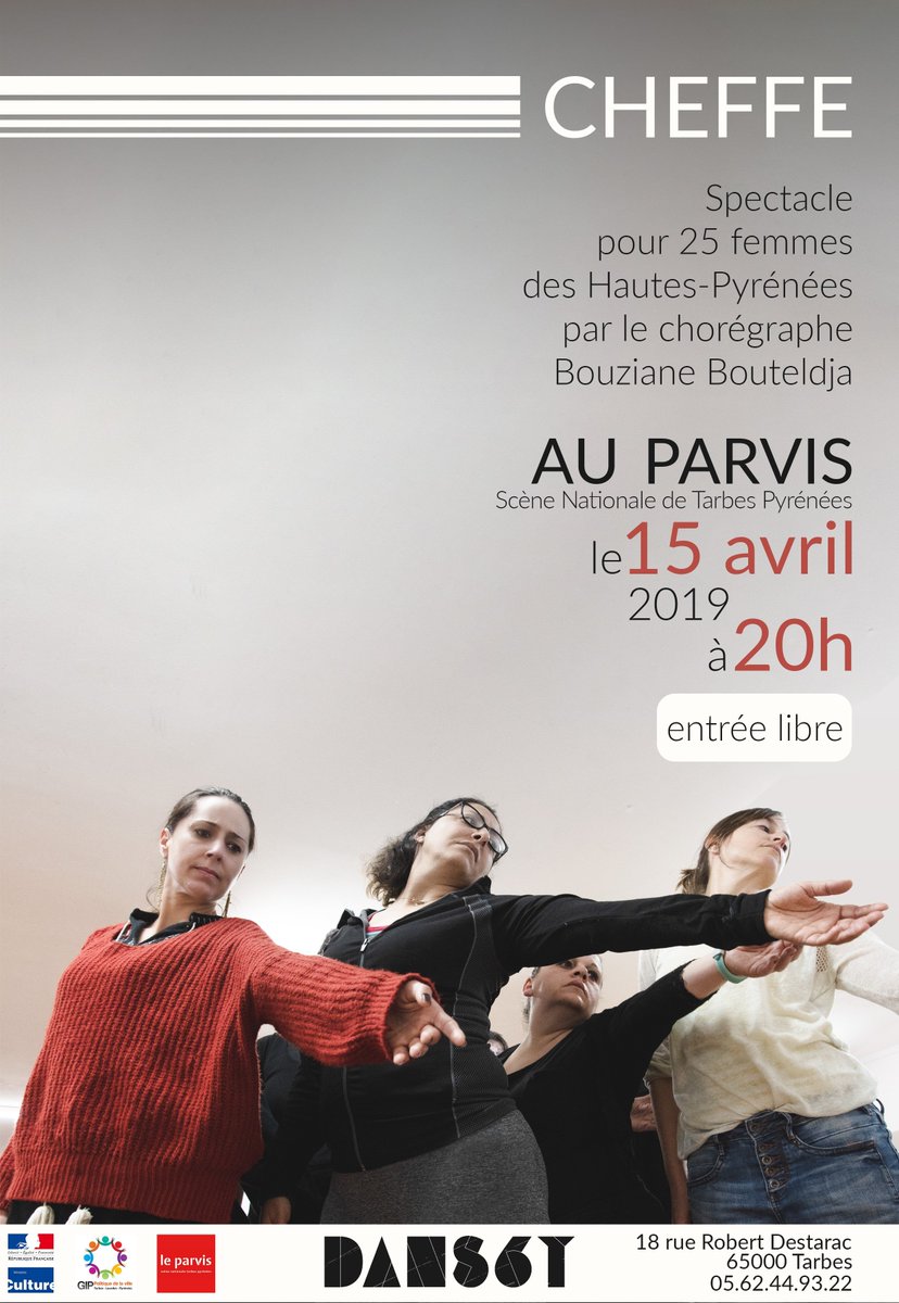 CHEFFE, #Spectacle gratuit pour 20 femmes au <a href="/Le_Parvis/">Le Parvis</a> le 15/04/19 à 20h conduit par @bouzianeboutel . Hymne au combat des femmes pour être ce qu'elles sont au quotidien.
#Femmes #Liberté #Combat #EgaliteFH #Evenement #Choregraphie #Danse #Dans6t #Occitanie #Mixite #Feminisme