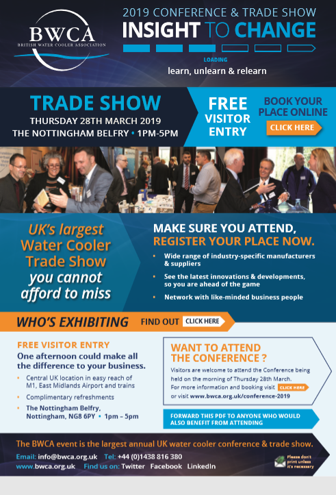 BWCAInfo's tweet photo. We look forward to welcoming delegates to the #BWCAconference tomorrow morning (28 March) &amp; visitors to the free #BWCATradeShow from 1pm @NottsBelfryQ #hydration #watercoolers https://t.co/4jo0qiXVcM