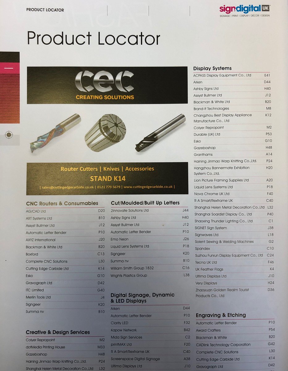 LtdCEC's tweet photo. @Signanddigital magazine received!! Using the Product Locator is easy! You can't miss us!!! STAND K14! Final preparations on the way. Check it out! #magazine #design #solidcarbide #Routertools #cncrouting #branding #customerengagement https://t.co/VfDyMkPIXu
