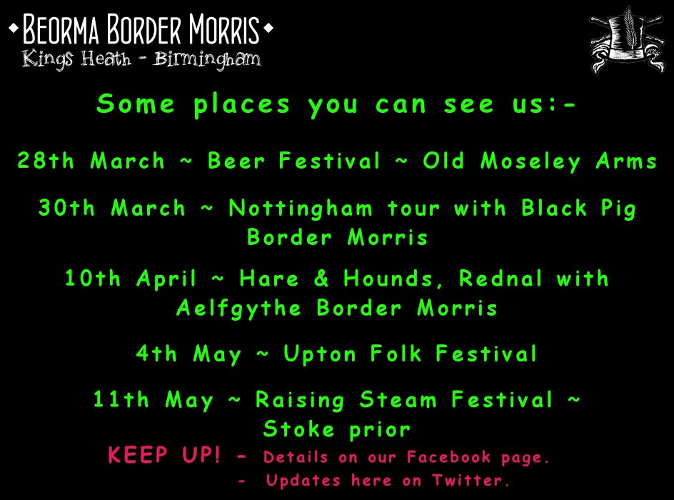 Open practice every Weds upstairs at the Bear pub in Bearwood, 8-10pm. new dancers &amp; musicians always welcome, no experience required!
For event details, see our Facebook page facebook.com/BeormaMorris/