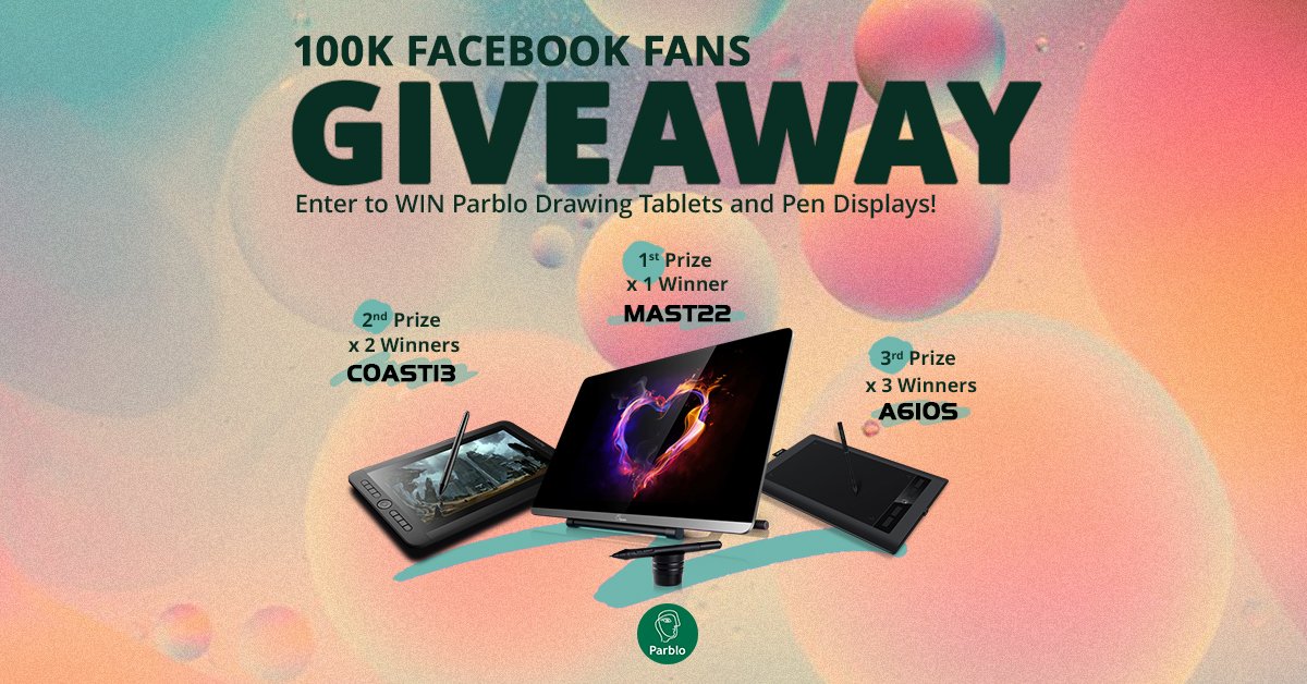 ParbloTech's tweet photo. Parblo is celebrating our 100K Facebook fans with big #giveaway. 🎉
We are extremely happy and thankful to our fans &amp; art community for unwavering support.💖

Get a chance to WIN Parblo drawing tablets and pen displays! 🎁
Click here to enter 👉https://t.co/8MdAPqGx9S https://t.co/SG6pD5VzAK