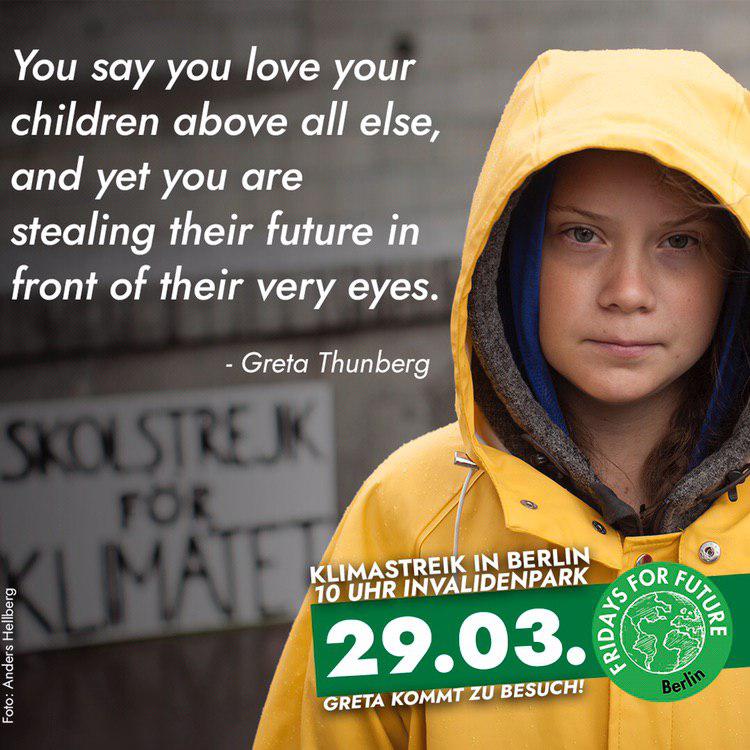 Berlin: Freitag, 10-14 Uhr #Klimastreik mit <a href="/GretaThunberg/">Greta Thunberg</a>. 
Start: Invalidenpark, dann Demo zum Brandenburger Tor. 
Alle sind eingeladen zu kommen, alle sind aufgefordert mit uns auf die Straße zu gehen. Spread the word, wir sehen uns Freitag! 💥 #fridaysforfuture
