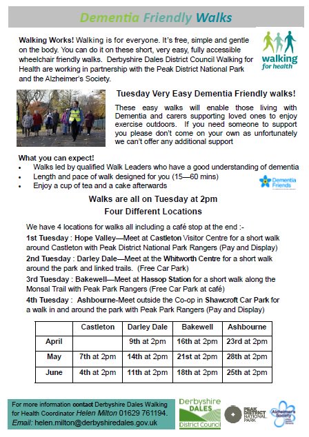 AshbourneMuseum's tweet photo. There will be a series of dementia friendly walks taking place from #Ashbourne - meeting outside the Co-Op Supermarket in Shawcroft Car Park at 2pm, for a walk around the Park with the Peak Play Rangers.

These walks are taking place on 23rd April, 28th May &amp; 25th June. https://t.co/ZHl9wZlr4K