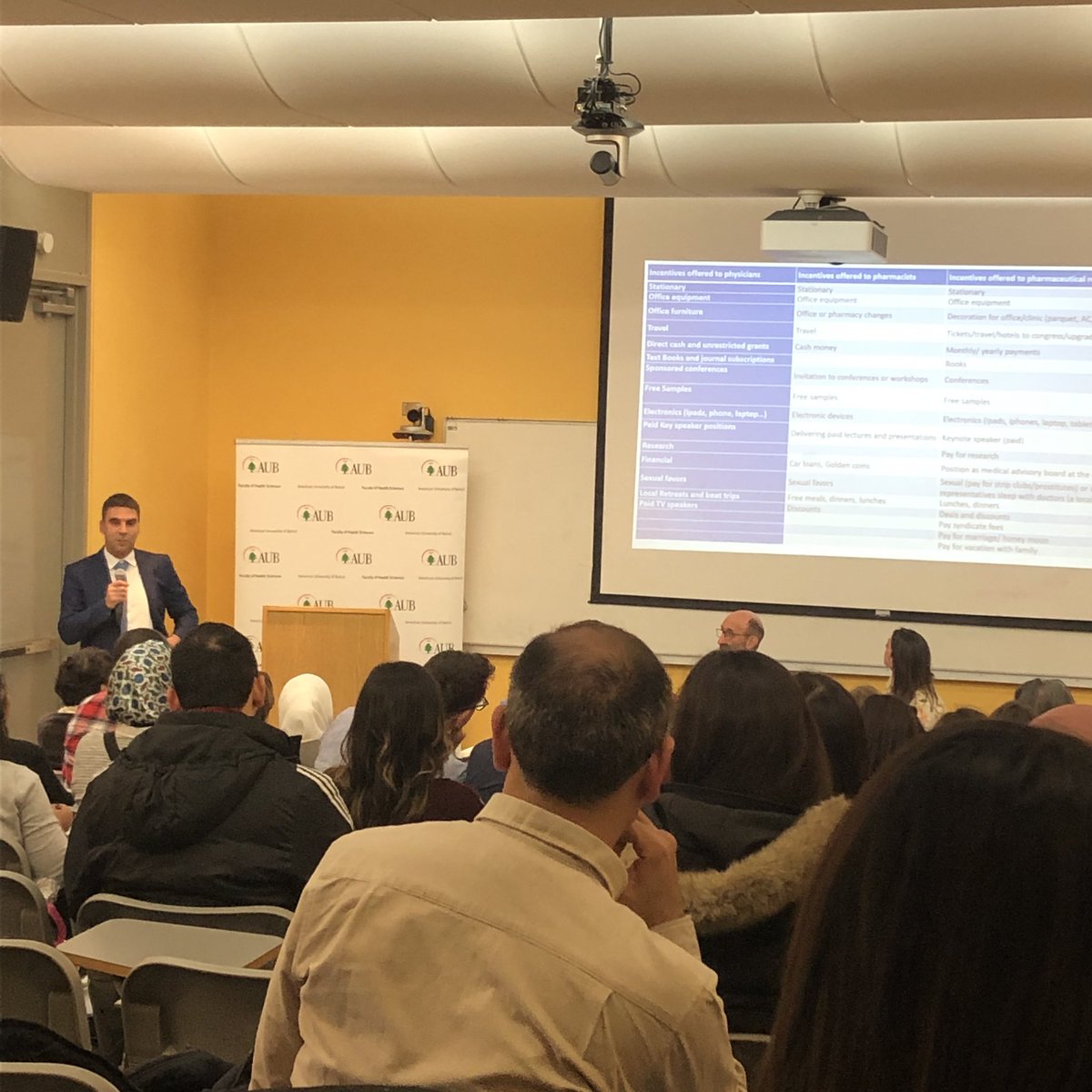 marcobardus's tweet photo. Incentives used by #pharma industry with physicians, pharmacists, sales rep to boost prescription of drugs @Elie__Akl addressing the elephant in the room @FHS_AUB @AUBDeltaOmega @fhschapter #FHS_Seminars https://t.co/n33n6ggVd6