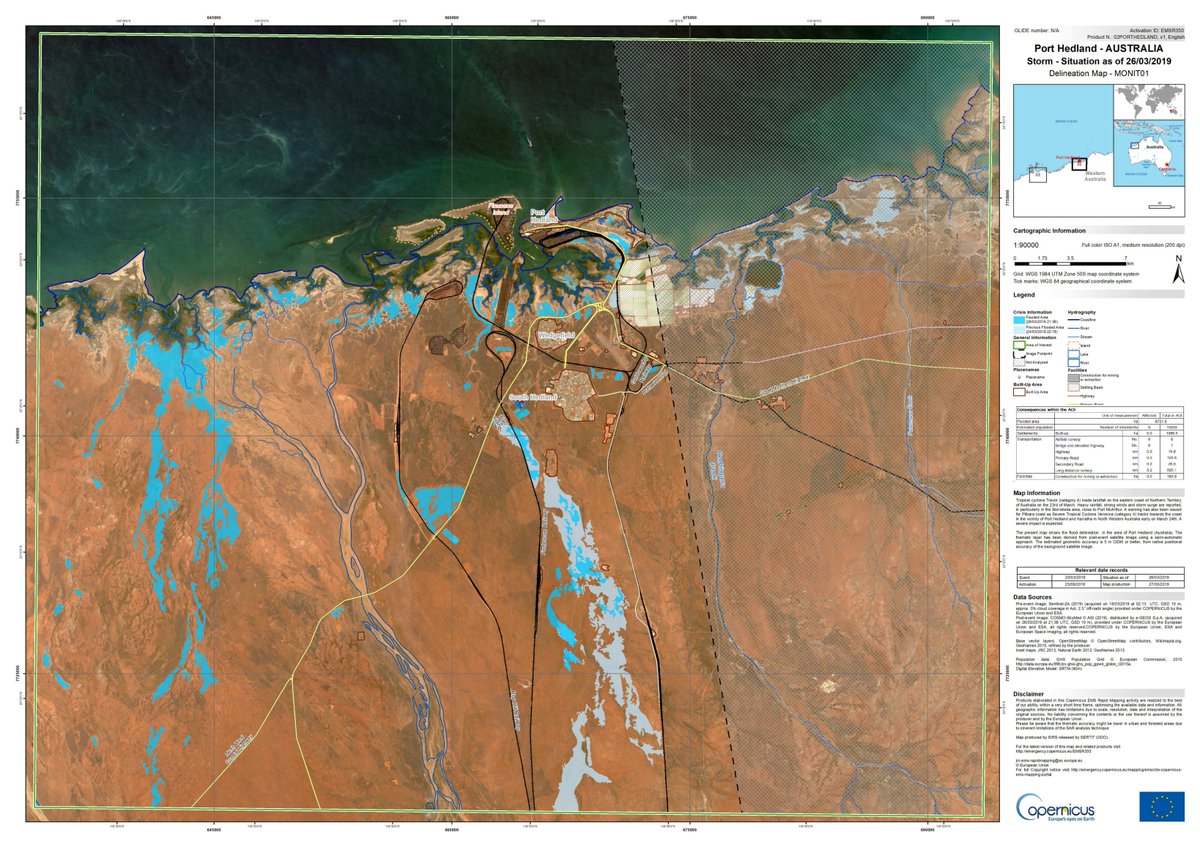 CopernicusEMS's tweet photo. #TCTrevor & #TCVeronica in Northern Australia🇦🇺update:
✴️Port Hedland Delineation monitoring map 1 shows 6,721.8 ha (67.2 sq km) of the area flooded
➡️Activation: https://t.co/Dc2qdmKUVx https://t.co/m8fviIroty
