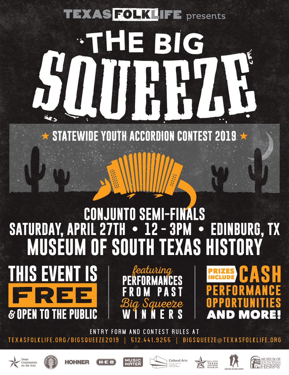 MOSTHistory's tweet photo. Save the Date: The Big Squeeze | April 27, 2019. 

Texas Folklife is bringing the statewide youth accordion contest to the Museum of South Texas History! This event (and admission to the museum on this day) is FREE! #rgv #southtexas https://t.co/iRDUvrrTNX