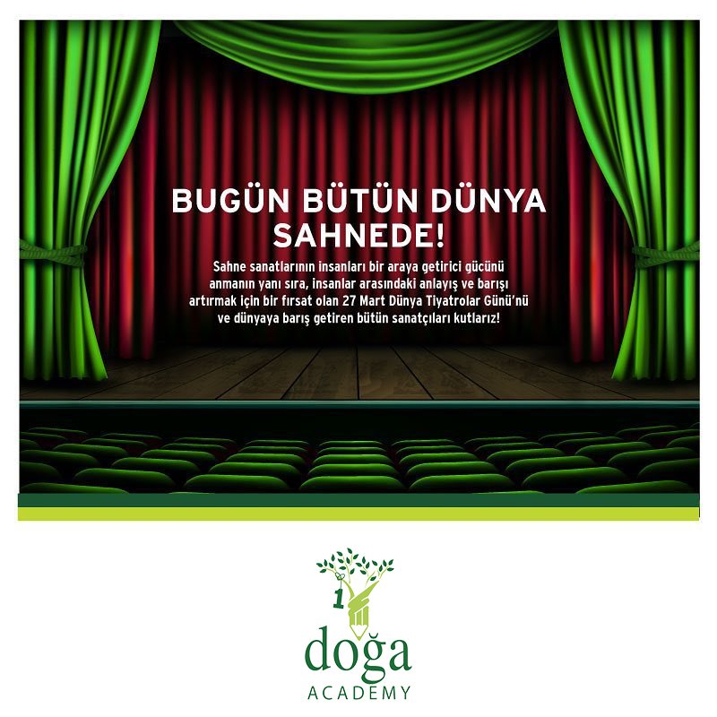 Doğrulanmış
27 Mart Dünya Tiyatrolar Günü kutlu olsun. 
#DogaAcademy #DünyaTiyatrolarGünü #tiyatro #sanat