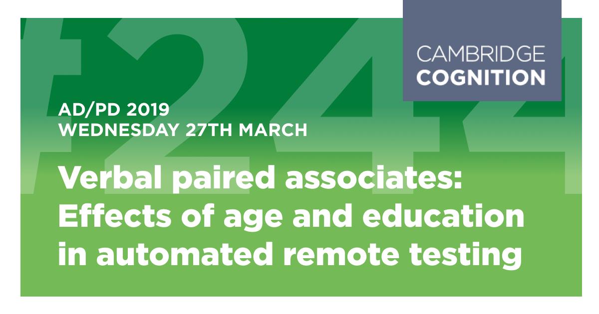 CANTABconnect's tweet image. Meet our experts at #ADPD2019 today to discuss the effects of age and education on automated #remotetesting (poster 244). cantab.com/events/ad-pd-2…