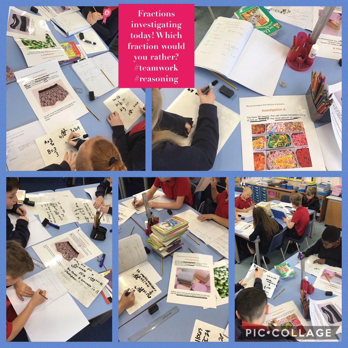 ArundalePri's tweet photo. Some excellent Maths investigations and teamwork today. #fractions #fractionsofamounts #wordproblems #reasoningskills #learningtogether #confidentmathematicians https://t.co/6WRyaPGmCv