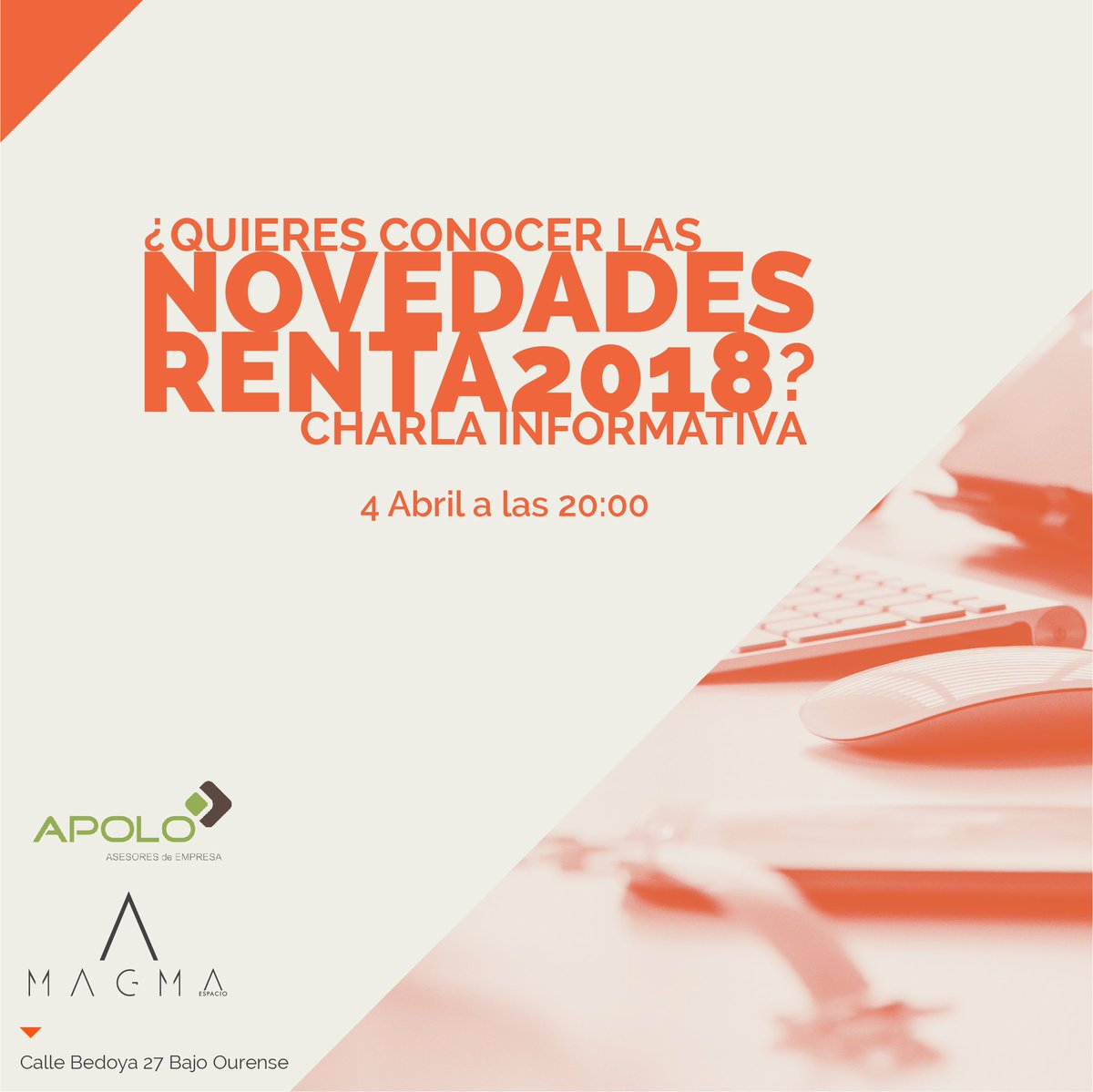 🔈¿Quieres saber qué novedades habrá en esta #Renta2018? El próximo 4 de abril, Apolo asesores nos comentará varios temas como la obligación de declarar, rendimientos de trabajo, rendimiento de actividades económicas, ganancias y pérdidas patrimoniales, deducciones y mucho más.