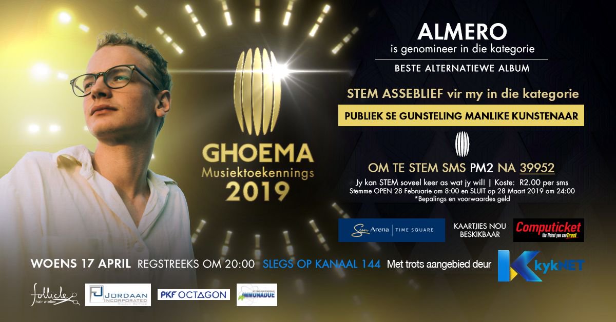 Hy het ons aandag getrek met sy uniekheid en diep lirieke! Ons stemme is in vir <a href="/AlmeroWel/">Almero Welgemoed</a> vir 'n #Ghoema2019 toekenning!
Laat joune tel! Lyne sluit more om 24:00!
<a href="/KanadaRecords/">Kanada Entertainment</a> @Ghoema2018 <a href="/kykNETtv/">kykNET TV</a> <a href="/AlishiavanDev/">Alishia</a> <a href="/StevevDev/">Mr Tapputi</a>
