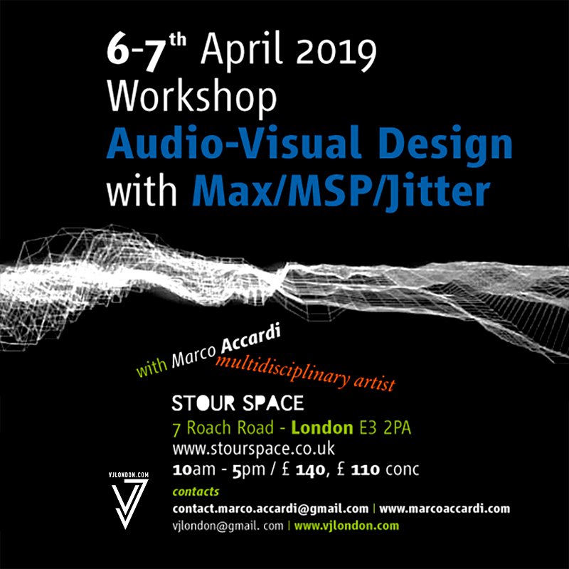 Learn how to create an interactive audiovisual set. 6,7 April, London. Audiovisual design with Max/MSP/Jitter workshop by Marco Accardi, Level beginner. More info tinyurl.com/y2ez5ama   #maxmspjitter #max #workshop #audiovisual #london #marcoaccardi #cycling74 #vjlondon