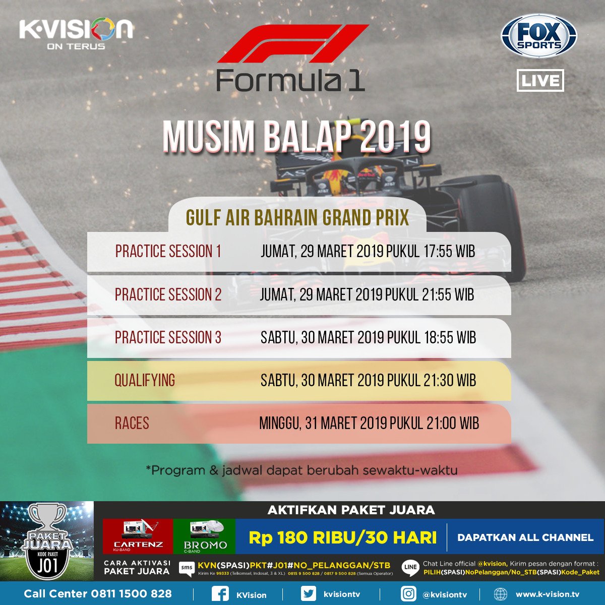kvisiontv's tweet photo. Setelah pekan sebelumnya dibuka di Australia, pekan ini Formula 1 meluncur ke Bahrain!

Jangan lewatkan Formula 1 Bahrain, Jumat s.d. Minggu, LIVE di FOX Sports hanya di K-Vision On Terus!

#kvision #kvisiononterus #formula1 #formula1bahrain https://t.co/5aThgDslTW