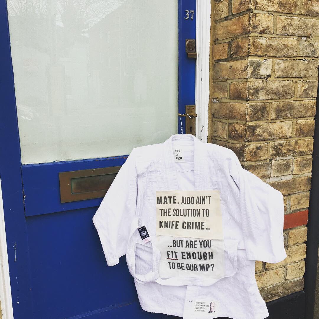 Just left this on my MP Christopher Chope’s Christchurch constituency office door after he suggested young people should learn judo or ‘get fitter’ to avoid being victims of knife crime. Is he fit enough to be our MP? I don’t think so. #NopeToChope #JudoGate #Chope