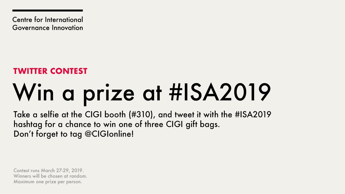 CIGIonline's tweet photo. #ISA2019 attendees, tweet a selfie with the CIGI booth (# 310) for a chance to win one of our gift bags filled with CIGI books and swag.

We’re giving one prize away each day from March 27-29. Remember to include the #ISA2019 hashtag and mention @CIGIonline in your entry! https://t.co/wL9qevRTRJ